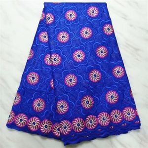 5 yardas / pc maravillosa tela de algodón africano azul real y tela de encaje de gasa suiza con bordado de flores para vestido BC72-5295S