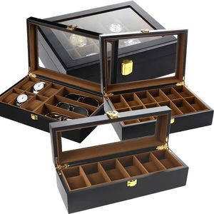 6 10 12 Slot Houten Horlogedoos Organisator Hoder Horlogestandaard Display Opbergdoos Echt Glazen Top Voor Mannen En Vrouwen Vakantiecadeau 240226