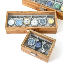 6/10/12 Slots Glazen Dakraam Stofdicht Peer Houtnerf Horloge Opbergdoos Vintage Sieraden Display Box Met Kussen Horloge Organizer 240129