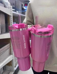 US STOCK Winter Pink Shimmery Co-branded Target Red 40oz Quencher Tumblers Poignée Couvercle Paille Cosmo Parada Flamingo Valentines Day Gift Cups 2nd Car mugs