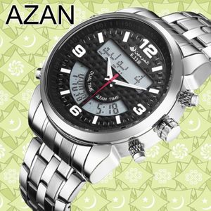 6 11 Nouvelle montre Azan numérique à double fuseau horaire en acier inoxydable 3 couleurs Y19052103178p