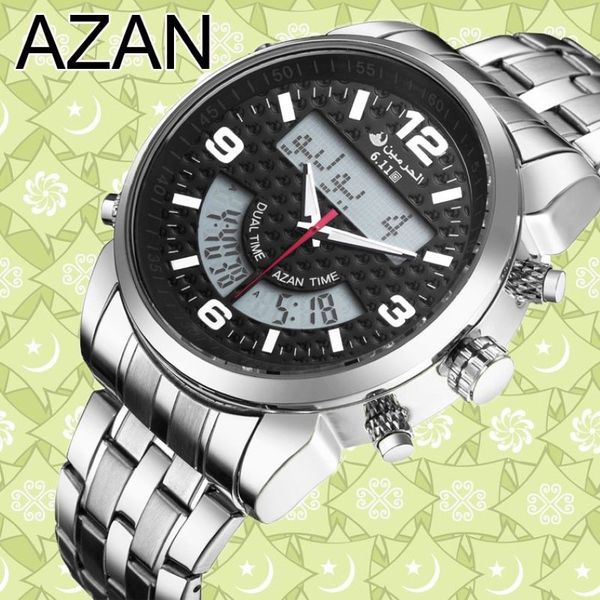 6 11 Nouveau LED en acier inoxydable Digital Time Time Azan Watch 3 couleurs Y19052103215S