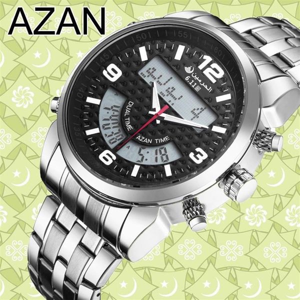 6 11 nouvelle montre Azan numérique à double fuseau horaire en acier inoxydable 3 couleurs Y19052103273B