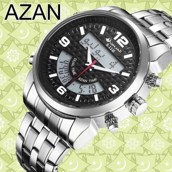 6 11 Nouvelle montre Azan numérique à double fuseau horaire en acier inoxydable 3 couleurs Y19052103292x