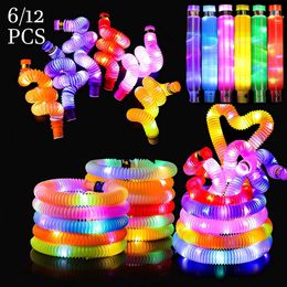 6/12/24 pçs tubos pop iluminado led brinquedos sensoriais puxar tubo de estiramento crianças presentes luminoso popping fontes de festa