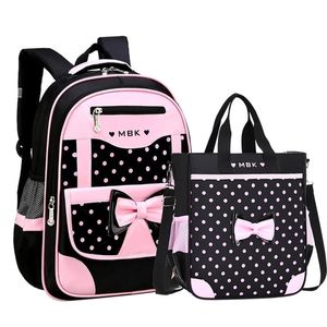 6-12 jaar oude kind schooltas / set voor meisje Leuke zwarte roze boog rugzak starten Kawaii Bookbag 210809