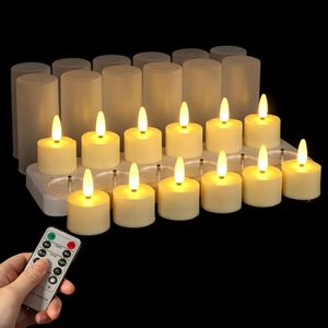 6/12pcs LED Oplaadbare theelichten 3D Flame Candles Remote Controller w/Timer Votief Kandel Bruiloft Kerstfeest Decoratie 240417