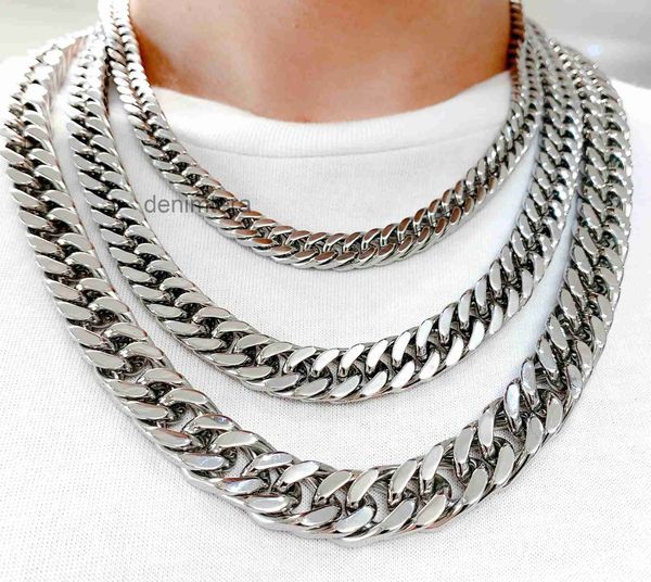 6-15mm de large Cool Double gourmette cubaine lien chaîne collier pour hommes chaînes en acier inoxydable bricolage cadeaux de vacances 18-36 pouces argent J3YS