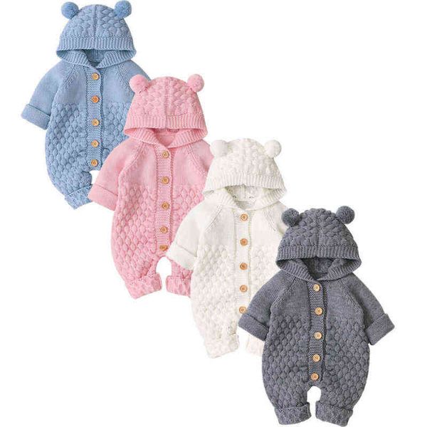 6-24M nouveau-né bébé pull tricoté automne hiver barboteuse garçons filles à capuche ours EarJumpsuits vestes G1221