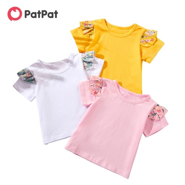 6-24M été 3 pièces bébé fille T-shirt solide coton Flutter-manches Tee pour enfants Top vêtements arrivée 210528