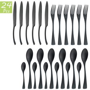 6 / 24pcs Couverts de vaisselle noire Couverture en acier inoxydable Cuisine Vaisselle de cuisine Steak Coutets à fourche Coiffe Cuillère Cuillère Drop 211012