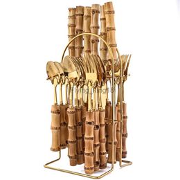 6 // 24 pièces ensembles de vaisselle poignée en bambou en acier inoxydable ensemble de couverts créatifs couteau fourchette cuillère ensemble de vaisselle de luxe porte-couverts HKD230812
