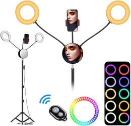 Anillo de luz para Selfie RGB de 6,6 ", anillo de luz LED doble 3200-6500K con soporte de trípode de espejo para transmisión en vivo/maquillaje/YouTube/TikTok/fotografía