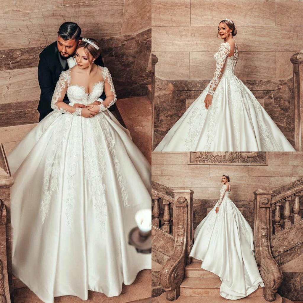 Vintage Arabic Dubai Lace Satin Wedding Dresses Sheer Long Sleeves Appliques Ruched Long Bridal Gowns A Line Robes de mariage BC18215