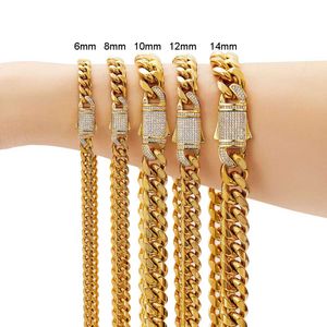 6/8/10/10/12/14 mm Cuban Link Chain Kettingen armbanden Curb Choker kraagketens Sieraden Micro-Inset CZ Box Clasps 316L Roestvrij staal 18K Gold voor mannen Women