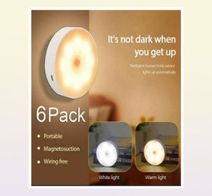 6 kralen USB -opladen Human Body Infrared Sensor Night Light LED met schakelkast Kast Wandlamp voor slaapkamer Bedtrap TOI6634390