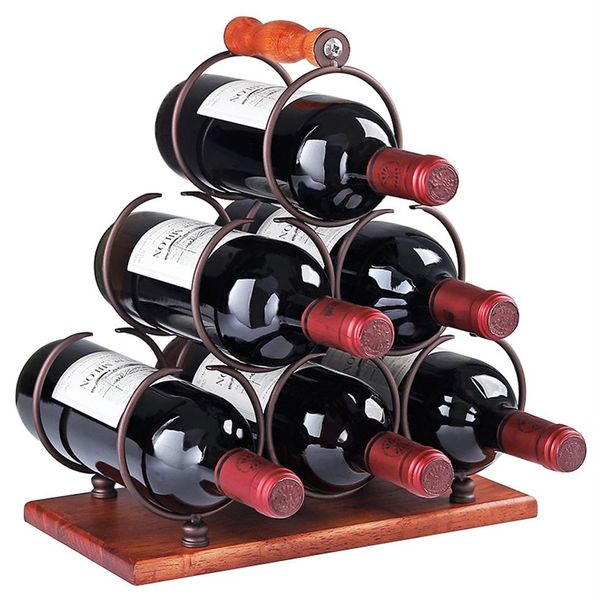 Estante de vino de hierro forjado de Metal de madera portátil Retro de 6 botellas, gabinete de encimera, porche, soporte de almacenamiento de vino, ahorrador de espacio Pro2427