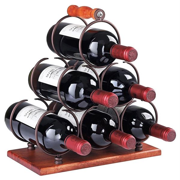 Estante de vino de hierro forjado de Metal de madera portátil Retro de 6 botellas, gabinete de encimera, porche, soporte de almacenamiento de vino, ahorrador de espacio Pro2952