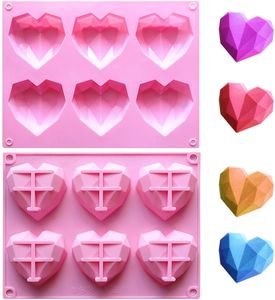 6 cavidades diamante amor corazón molde de silicona hornear pastel chocolate hecho a mano jabón pudín moldes antiadherente DIY arte casero decoración de regalo