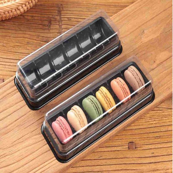 Boîte d'emballage de cuisson rectangulaire en plastique noire de boîte d'emballage de macaron de 6 cavités avec le couvercle clair