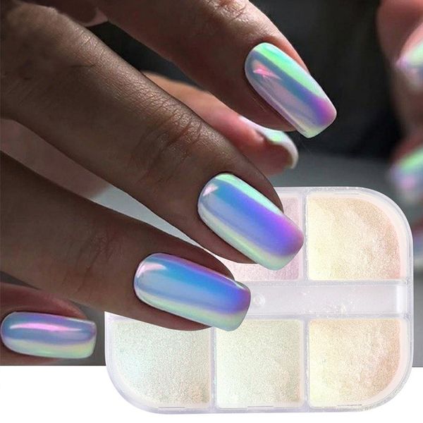 6 couleurs en boîte nail Art miroir magique poudre ins Style japonais et coréen nail Art glace transparente Aurora poudre couleur magique ongles paillettes poudre ongles