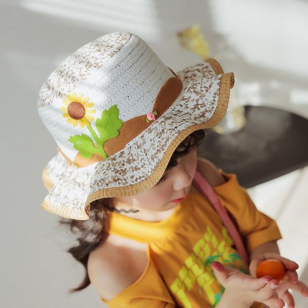 6 couleurs joli chapeau de paille respirant pour enfants avec tournesol de dessin animé chapeaux de bébé créatifs filles chapeau de seau chapeau de plage pour enfants chapeau de bord ondulé livraison gratuite