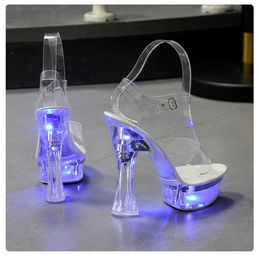 6 color cuadrado talón sandalias de las mujeres iluminan los zapatos brillantes luminosos plataforma clara alto 15 cm zapatos transparentes MX200407