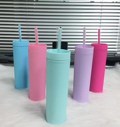 6 couleurs 16 oz en acrylique créatif gobelers skinny avec des pailles de couvercle Tumbler en plastique coloré double mur réutilisable
