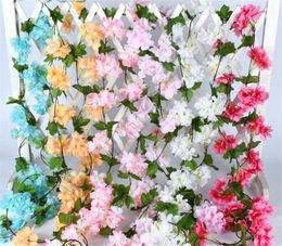 6 colores, 2,3 m, flores artificiales de cerezo, flor de cerezo, vid de caña de sakura para decoraciones de boda, cadena de flores montada en la pared