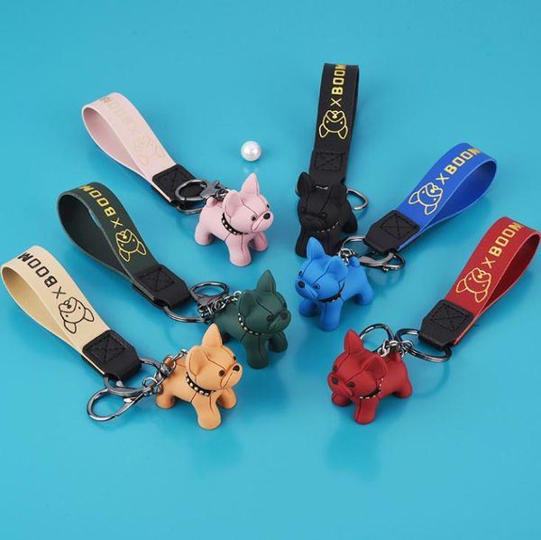 6 couleurs de la mode en cuir Cordon Keychain Mignon Bulldog French Bulldog Keychain Animal Dog Titulaire de porte-clés Charm Charme Sac de relinket Accessoires