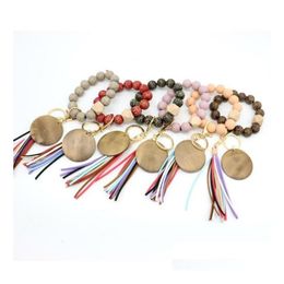 6 couleurs mode perles en bois bracelet artisanat sculpté porte-clés disque blanc gland porte-clés pendentif Mti-couleur sac porte-clés décoratifs Drop Delive