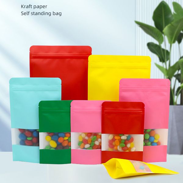 Sac auto-scellant en papier kraft 6 couleurs avec fenêtre, pochettes refermables pour thé, grains de café, emballage de bonbons, aliments LX4455