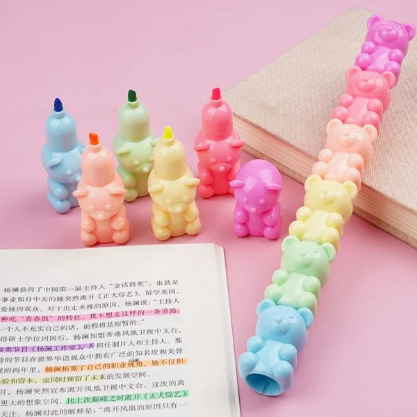 6 couleurs marqueurs stylos ours mignon surligneurs fluorescents enfants cadeaux coréen papeterie bureau école fournitures d'écriture 240320