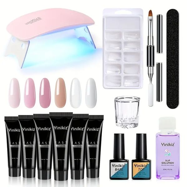 Kit de gel de extensión de uñas poly de 6 colores - gel de pegamento de constructor con lámpara de uña Slip Slip Solución de la capa base Forma de manicura francesa para principiante Diy en casa en casa