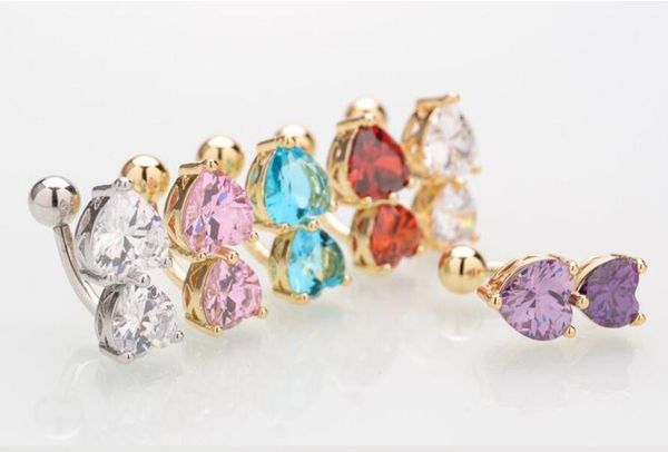 6 colores barra de cristal inversa anillo del vientre oro cuerpo piercing botón ombligo dos corazón cuerpo perforar joyería 10 piezas epacket