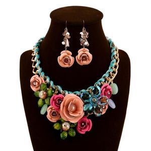 6 couleurs femmes coloré fleur strass pendentif déclaration collier boucles d'oreilles ensemble de bijoux bijoux de mode mariée robe de mariée Jew267U