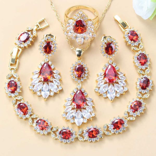 Traje de boda para mujer de 6 colores AAA + calidad rojo granate cristal blanco Color amarillo oro grandes conjuntos de joyas de cuatro piezas para mujer H1022