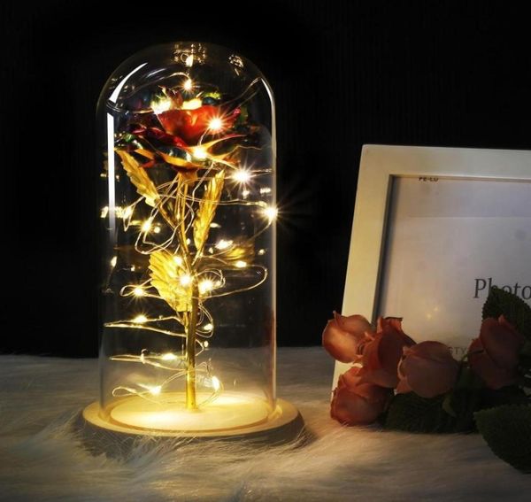 6 couleurs rouge Rose dans un flacon un dôme en verre sur une base en bois pour le cadeau de la saint-valentin LED lampes roses décoration de mariage de noël 5479300
