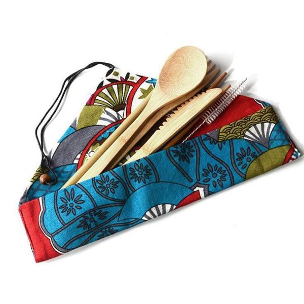 6 modèles ensemble de couverts en bambou 7 pièces/ensemble ensemble de couverts portables avec sac en tissu ensemble de vaisselle couteau fourchette cuillère baguettes vaisselle en paille