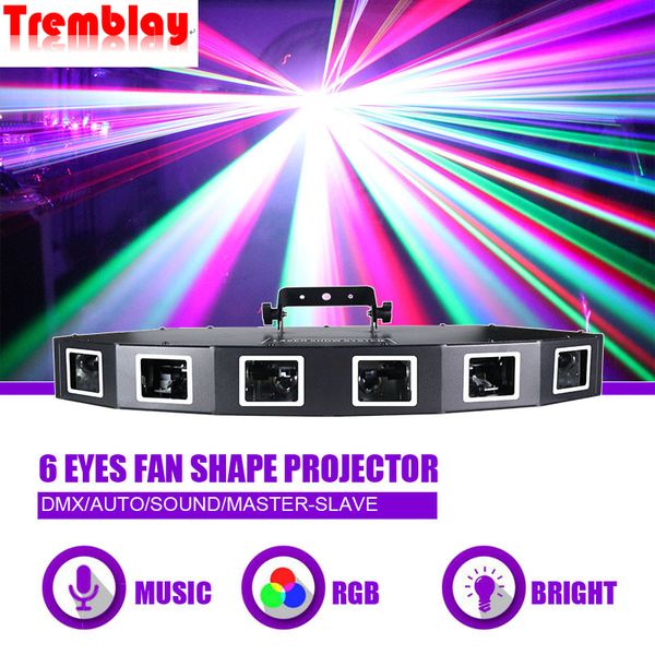 Proyector de efecto de iluminación láser con forma de ventilador RGB de 6 ojos, modos de sonido de música DMX para DJ, discoteca, fiesta, Bar, lámpara de vacaciones de Navidad, luz de escenario