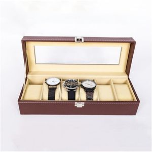 Caja de reloj marrón de 6 rejillas, cajas de almacenamiento para exhibir relojes, ranuras para pulsera, estuche protector, contenedor de joyería, regalo, fibra de carbono