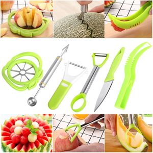 6-in-1 Fruit Carving Tool Set - Watermeloen Slicer Meloen Baller Scoop Fruit Carver Apple Corer Peeler Mes