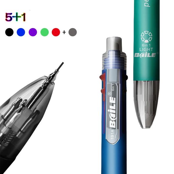 6 en 1 stylos à bille multicolores 5 couleurs stylo à bille crayon automatique avec gomme pour fournitures d'écriture de bureau scolaire papeterie 240111