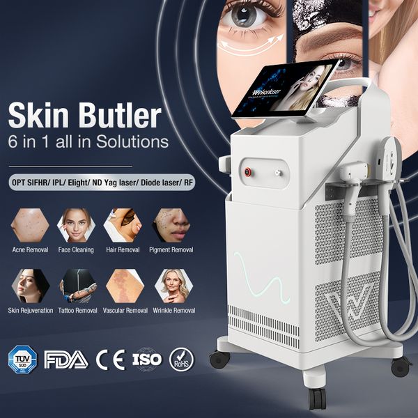 6 en 1 Opt IPL Laser Diode permanente Laser Machine d'épilation laser ND YAG Laser Tatouage de pelage en carbone Retirer RF Équipement de blanchiment de la peau CE Certificat de FDA