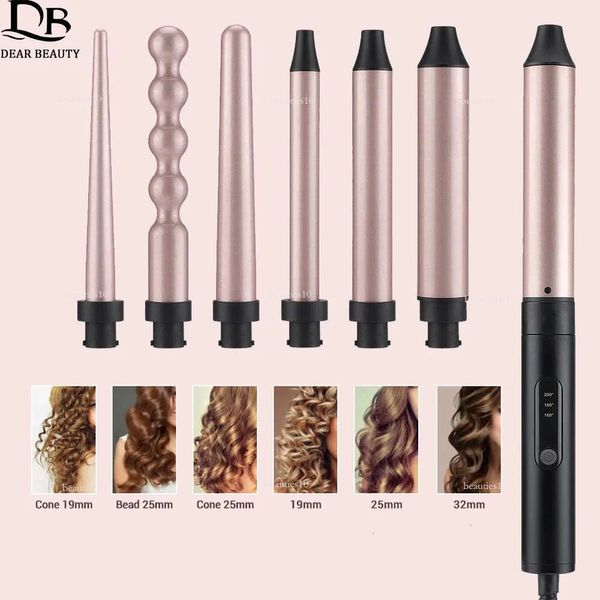 6 en 1 Curler professionnel durable chauffage rapide chauffant les bagues d'onde de fer en fer en rotation d'appareils de coiffure rotatifs 9-32 mm