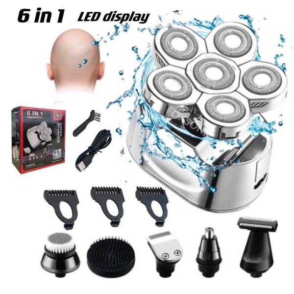 Afeitadora eléctrica recargable 6 en 1 para hombre, maquinilla de afeitar portátil con 6 cabezales de cuchilla flotante, recortadora de barba y nariz, pantalla LED P0817