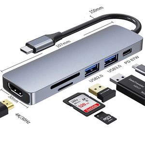 Hub tipo C 6 en 1 a adaptador HDTV Estación de acoplamiento USB 4K Hub C con ranura para lector SD 3.0 TF PD para MacBook Pro/Air/Huawei Mate