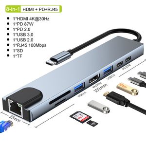 8 en 1 Estaciones de acoplamiento Hubs USB3.0 HUB Adaptador HDTV Multifunción Tipo C 4K Video HD RJ45 Adaptadores USB-C Puerto de carga Hubs para MacBook Notebook Computadora portátil