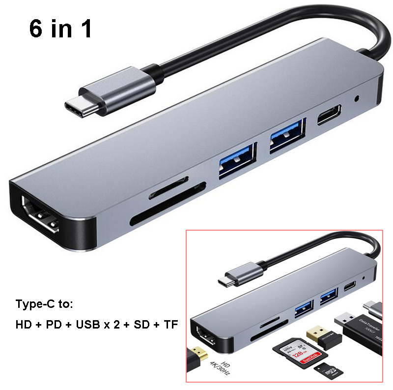 6 in 1 Hub USB Type-C a Adattatore ad alta definizione Ethernet HD Multiport PD SD TF Adattatore per scheda per computer portatili Android Tablet Type C