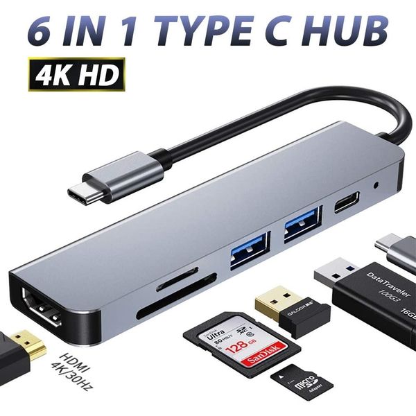 HUB USB tipo C 6 en 1 con HD-MI para MacBook Pro Laptop Dongle PD Estación de acoplamiento de carga rápida 2 * USB3.0, SD / TF para computadoras portátiles Apple / Dell / HP / Surface / Lenovo